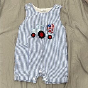 Striped Baby Romper with Tractor and Flag